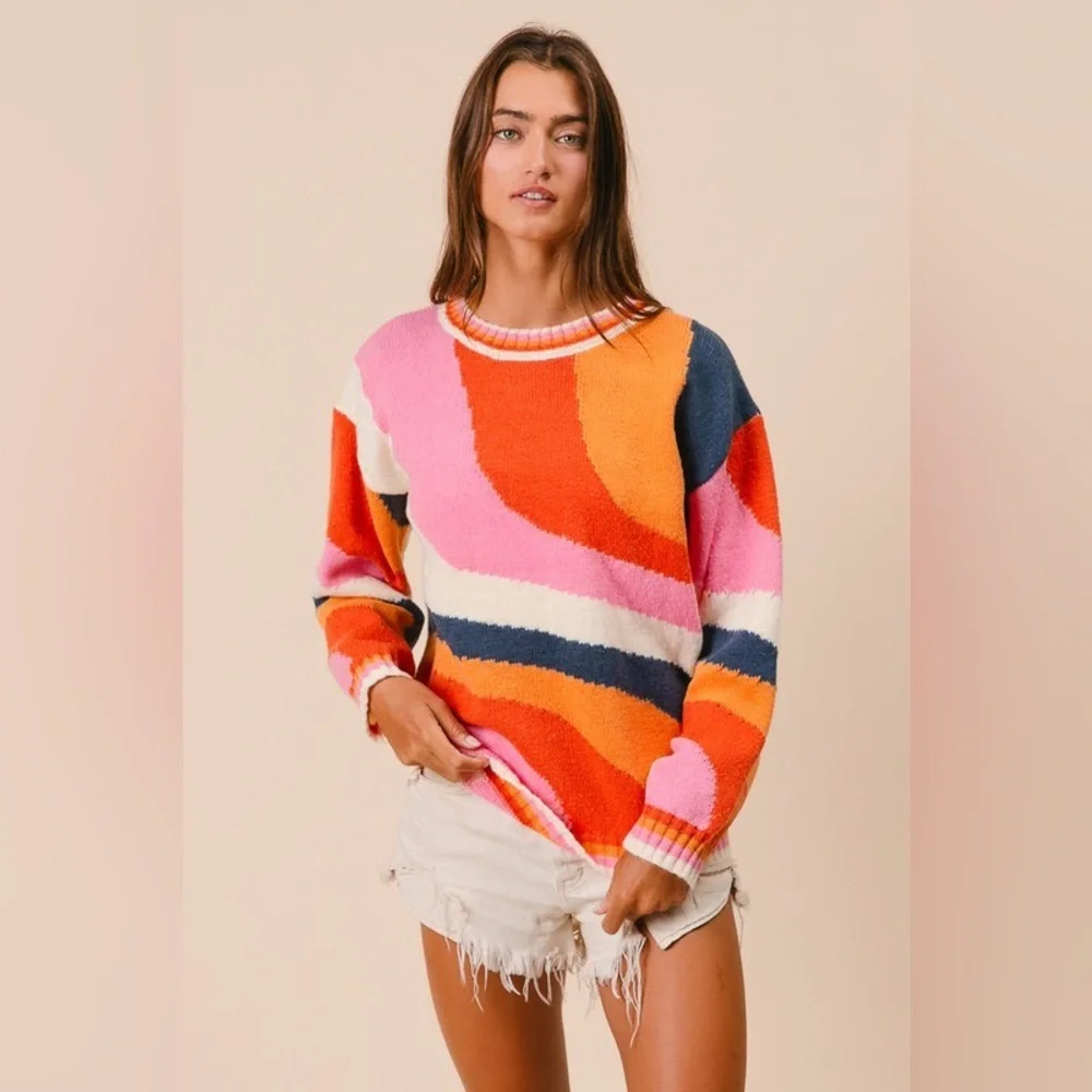 Multicolor pattern abstract knit ribbed boho bohemian vintage tunic top sweater - Picture 5 of 6